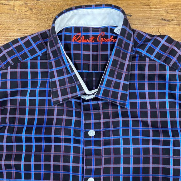 Robert Graham Black Blue Plaid Classic Fit Button Up Casual Dress Shirt‎ Men's M - Picture 3 of 12
